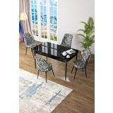 Canisa Concept Kor Serisi 70x114 Açılabilir Mutfak Masası Takımı Siyah Mermer Desen Masa 4 Zebra Desen Sandalye