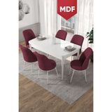 Canisa Concept Kor Serisi 70x114 cm Açılabilir MDF Beyaz Yemek Masası Takımı, 6 Bordo Sandalye