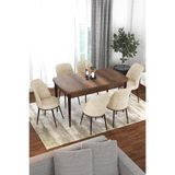 Canisa Concept Kor Serisi 70x114 cm Açılabilir Mutfak Masası Takımı, Barok Ahşap Desen Masa, 6 Krem Sandalye
