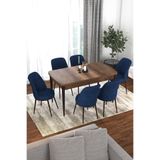 Canisa Concept Kor Serisi 70x114 cm Açılabilir Mutfak Masası Takımı, Barok Ahşap Desen Masa, 6 Lacivert Sandalye