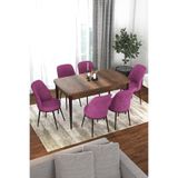 Canisa Concept Kor Serisi 70x114 cm Açılabilir Mutfak Masası Takımı, Barok Ahşap Desen Masa, 6 Mor Sandalye