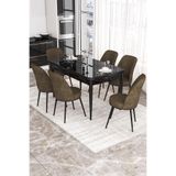 Canisa Concept Kor Serisi 70x114 cm Açılabilir Yemek Masası Takımı, Siyah Mermer Desen Masa, 6 Kahve Sandalye