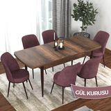 Canisa Concept Kor Serisi Barok Ahşap Desen 70X114 Açılabilir Mutfak Masa Takımı, 6 Adet Sandalye - Gülkurusu
