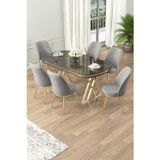Canisa Concept Lai Serisi 90X168 Lak Panel Antrasit Ironi Gold Ayak Masa Takımı 6 Gri Sandalye