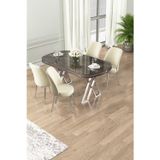 Canisa Concept Lai Serisi 90X168 Lak Panel Antrasit İroni Masa 4 Krem Sandalye Krom Kaplama Ayak