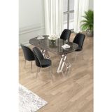 Canisa Concept Lai Serisi 90X168 Lak Panel Antrasit İroni Masa 4 Siyah Sandalye Krom Kaplama Ayak