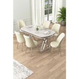 Canisa Concept Lai Serisi 90X168 Lak Panel Beyaz Mermer Desen Krom Ayak Masa Takımı 6 Krem Sandalye