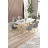 Canisa Concept Lena Serisi 90X160 Lak Panel Beyaz Mermer Desen Gold Kaplama Ayaklı Masa Takımı Ve 6 Gri Sandalye