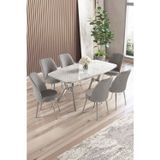 Canisa Concept Lena Serisi 90X160 Lak Panel Beyaz Mermer Desen Krom Kaplama Ayaklı Masa Takımı Ve 6 Gri Sandalye