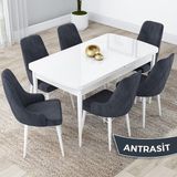 Canisa Concept Lia Serisi, 80 x 132 cm Açılabilir Mutfak Masa Takımı, Beyaz Masa 6 Sandalye - Antrasit