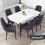 Canisa Concept Lia Serisi, 80 x 132 cm Açılabilir Mutfak Masa Takımı, Beyaz Masa Ceviz Ayak 6 Sandalye - Antrasit