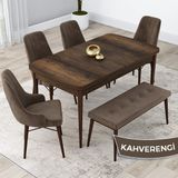 Canisa Concept Lia Serisi 80 x 132 cm Mutfak Masa Takımı Barok Ahşap Desen Masa 4 Sandalye ve 1 Bench - 80x132 - Kahverengi