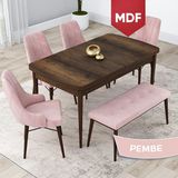 Canisa Concept Lia Serisi 80 x 132 cm Mutfak Masa Takımı Barok Ahşap Desen Masa 4 Sandalye ve 1 Bench - 80x132 - Pembe