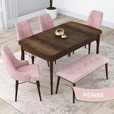 Canisa Concept Lia Serisi 80 x 132 cm Mutfak Masa Takımı Barok Ahşap Desen Masa 4 Sandalye ve 1 Bench - 80x132 - Pembe