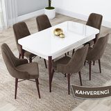Canisa Concept Lia Serisi Beyaz Masa Ceviz Ayak Açılabilir 80 x 132 cm Yemek Masası Takımı 6 Sandalye - 80x132 - Kahverengi