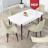 Canisa Concept Lia Serisi, MDF 80 x 132 cm Açılabilir Mutfak Masa Takımı, Beyaz Masa Ceviz Ayak 4 Sandalye - Krem