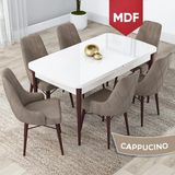 Canisa Concept Lia Serisi, MDF 80 x 132 cm Açılabilir Mutfak Masa Takımı, Beyaz Masa Ceviz Ayak 6 Sandalye - Cappuccino