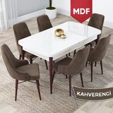 Canisa Concept Lia Serisi, MDF 80 x 132 cm Açılabilir Mutfak Masa Takımı, Beyaz Masa Ceviz Ayak 6 Sandalye - Kahverengi