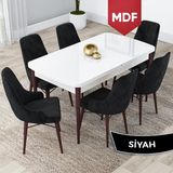 Canisa Concept Lia Serisi, MDF 80 x 132 cm Açılabilir Mutfak Masa Takımı, Beyaz Masa Ceviz Ayak 6 Sandalye - Siyah