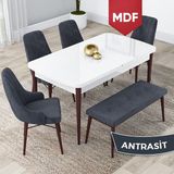 Canisa Concept Lia Serisi MDF 80 x 132 cm Mutfak Masa Takımı Beyaz Masa Ceviz Ayak 4 Sandalye ve 1 Bench - 80x132 - Antrasit