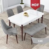 Canisa Concept Lia Serisi MDF 80 x 132 cm Mutfak Masa Takımı Beyaz Masa Ceviz Ayak 4 Sandalye ve 1 Bench - 80x132 - Gri