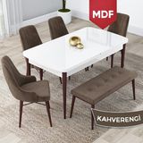 Canisa Concept Lia Serisi MDF 80 x 132 cm Mutfak Masa Takımı Beyaz Masa Ceviz Ayak 4 Sandalye ve 1 Bench - 80x132 - Kahverengi
