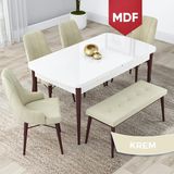 Canisa Concept Lia Serisi MDF 80 x 132 cm Mutfak Masa Takımı Beyaz Masa Ceviz Ayak 4 Sandalye ve 1 Bench - 80x132 - Krem