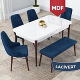 Canisa Concept Lia Serisi MDF 80 x 132 cm Mutfak Masa Takımı Beyaz Masa Ceviz Ayak 4 Sandalye ve 1 Bench - 80x132 - Lacivert