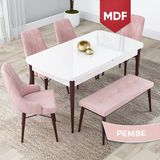 Canisa Concept Lia Serisi MDF 80 x 132 cm Mutfak Masa Takımı Beyaz Masa Ceviz Ayak 4 Sandalye ve 1 Bench - 80x132 - Pembe