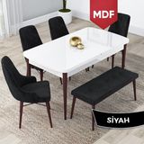 Canisa Concept Lia Serisi MDF 80 x 132 cm Mutfak Masa Takımı Beyaz Masa Ceviz Ayak 4 Sandalye ve 1 Bench - 80x132 - Siyah