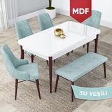 Canisa Concept Lia Serisi MDF 80 x 132 cm Mutfak Masa Takımı Beyaz Masa Ceviz Ayak 4 Sandalye ve 1 Bench - 80x132 - Su Yeşili