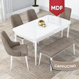 Canisa Concept Lia Serisi MDF 80 x 132 cm Mutfak Masa Takımı Beyaz Masa Ceviz Ayak 4 Sandalye ve 1 Bench - Cappuccino - 80x132