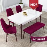 Canisa Concept Lia Serisi MDF 80 x 132 cm Mutfak Masa Takımı Beyaz Masa Ceviz Ayak 4 Sandalye ve 1 Bench - Mürdüm - 80x132