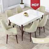 Canisa Concept Lia Serisi MDF Beyaz Masa Ceviz Ayak Açılabilir 80 x 132 cm Yemek Masası Takımı 6 Sandalye - Krem - 80x132