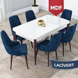 Canisa Concept Lia Serisi MDF Beyaz Masa Ceviz Ayak Açılabilir 80 x 132 cm Yemek Masası Takımı 6 Sandalye - Lacivert - 80x132