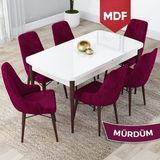 Canisa Concept Lia Serisi MDF Beyaz Masa Ceviz Ayak Açılabilir 80 x 132 cm Yemek Masası Takımı 6 Sandalye - Mürdüm - 80x132