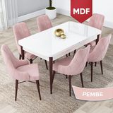 Canisa Concept Lia Serisi MDF Beyaz Masa Ceviz Ayak Açılabilir 80 x 132 cm Yemek Masası Takımı 6 Sandalye - Pembe - 80x132