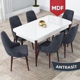 Canisa Concept Lia Serisi MDF Beyaz Masa Ceviz Ayak Açılabilir 80X132 Yemek Masası Takımı 6 Sandalye - Antrasit - 80 x 132 cm