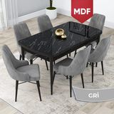 Canisa Concept Lia Serisi MDF Siyah Mermer Desen Açılabilir 80 x 132 cm Yemek Masası Takımı 6 Sandalye - Gri - 80x132