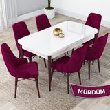 Canisa Concept Lia Serisi,MDF 80 x 132 cm Açılabilir Mutfak Masa Takımı, Beyaz Masa Ceviz Ayak 6 Sandalye - Mürdüm