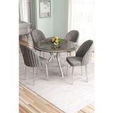 Canisa Concept Mos Serisi 90X90 Lak Panel Antrasit Ironi Krom Kaplama Ayaklı Mutfak Masası Takımı Ve 4 Gri Sandalye