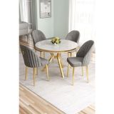 Canisa Concept Mos Serisi 90X90 Lak Panel Beyaz Mermer Desen Gold Kaplama Mutfak Masası Takımı Ve 4 Gri Sandalye