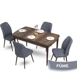 Canisa Concept Mun Serisi, 80X132 Açılabilir Mdf Barok Ahşap Desen Mutfak Masası Takımı, 4 Sandalye - 80 x 132 cm - Füme