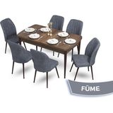 Canisa Concept Mun Serisi, 80X132 Açılabilir Mdf Barok Ahşap Desen Mutfak Masası Takımı 6 Sandalye - 80 x 132 cm - Füme