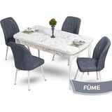Canisa Concept Mun Serisi, 80X132 Açılabilir Mdf Beyaz Mermer Desen Mutfak Masası Takımı, 4 Sandalye - 80 x 132 cm - Füme