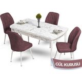 Canisa Concept Mun Serisi, 80X132 Açılabilir Mdf Beyaz Mermer Desen Mutfak Masası Takımı, 4 Sandalye - 80 x 132 cm - Gülkurusu