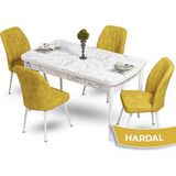 Canisa Concept Mun Serisi, 80X132 Açılabilir Mdf Beyaz Mermer Desen Mutfak Masası Takımı, 4 Sandalye - 80 x 132 cm - Hardal