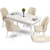 Canisa Concept Mun Serisi, 80X132 Açılabilir Mdf Beyaz Mermer Desen Mutfak Masası Takımı, 4 Sandalye - 80 x 132 cm - Krem