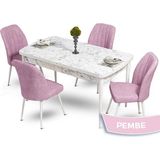 Canisa Concept Mun Serisi, 80X132 Açılabilir Mdf Beyaz Mermer Desen Mutfak Masası Takımı, 4 Sandalye - 80 x 132 cm - Pembe