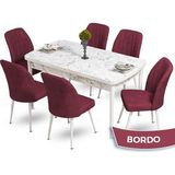 Canisa Concept Mun Serisi, 80X132 Açılabilir Mdf Beyaz Mermer Desen Mutfak Masası Takımı 6 Sandalye - 80 x 132 cm - Bordo